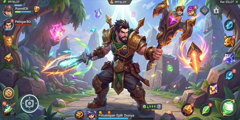 Tampilan gameplay PP7SLOT yang menampilkan pertempuran epik dan lingkungan fantastis.