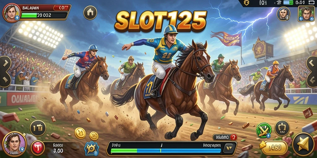 Tampilan gameplay mendebarkan dalam SLOT123, menunjukkan aksi balapan yang cepat.